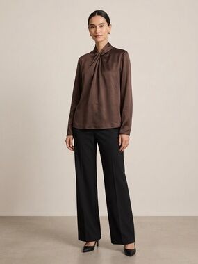 VINCE Brown 100% Silk Twisted High Neck Long Sleeve Blouse Size 12